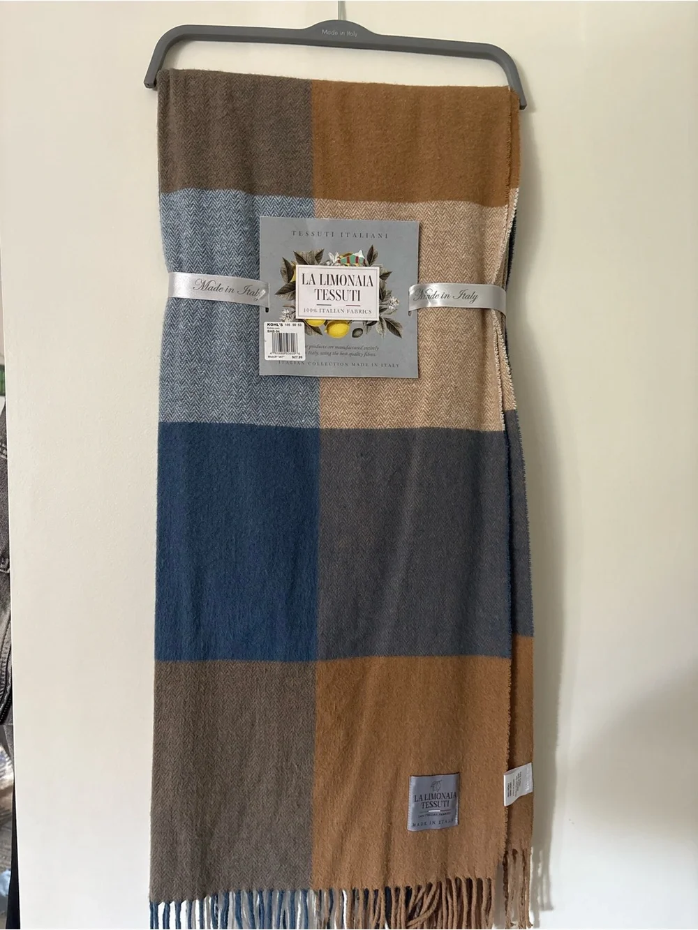 Made in Italy Camel and Blue Cashmere like Throw Blanket by La Limonaia Tessuti